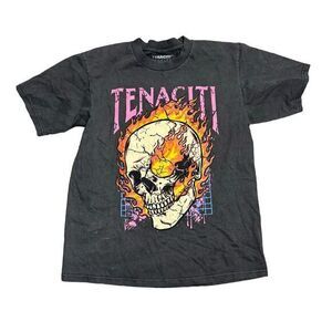 Tenaciti Skull Graphic T‎ Shirt Mens Large Gray Flame Fire Goth Streetwear Tee